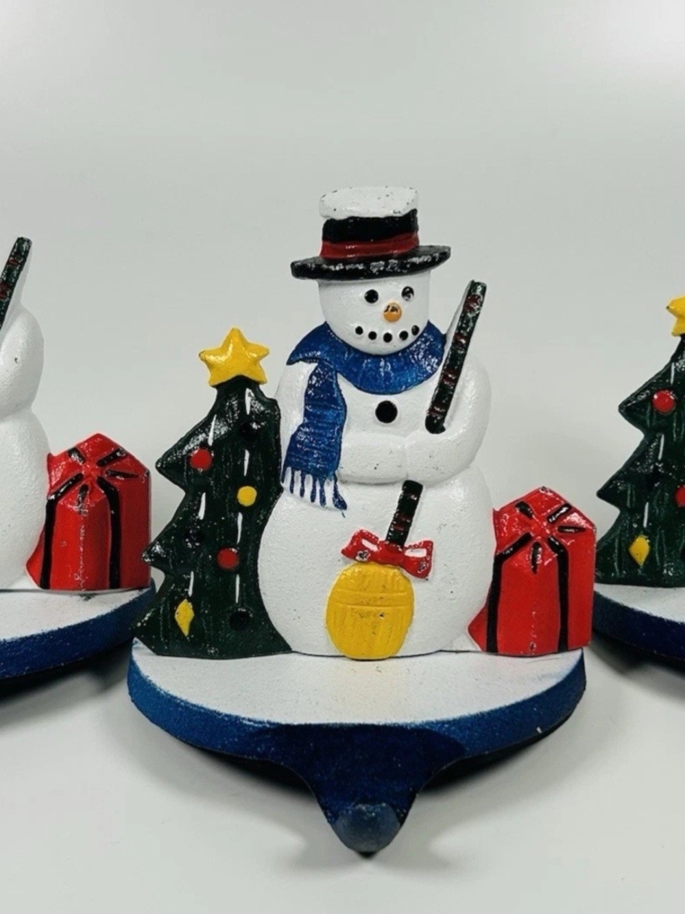Vtg 1990 Lillian Vernon Snowman Xmas Cast Iron Stocking Hanger Holder Set of 3